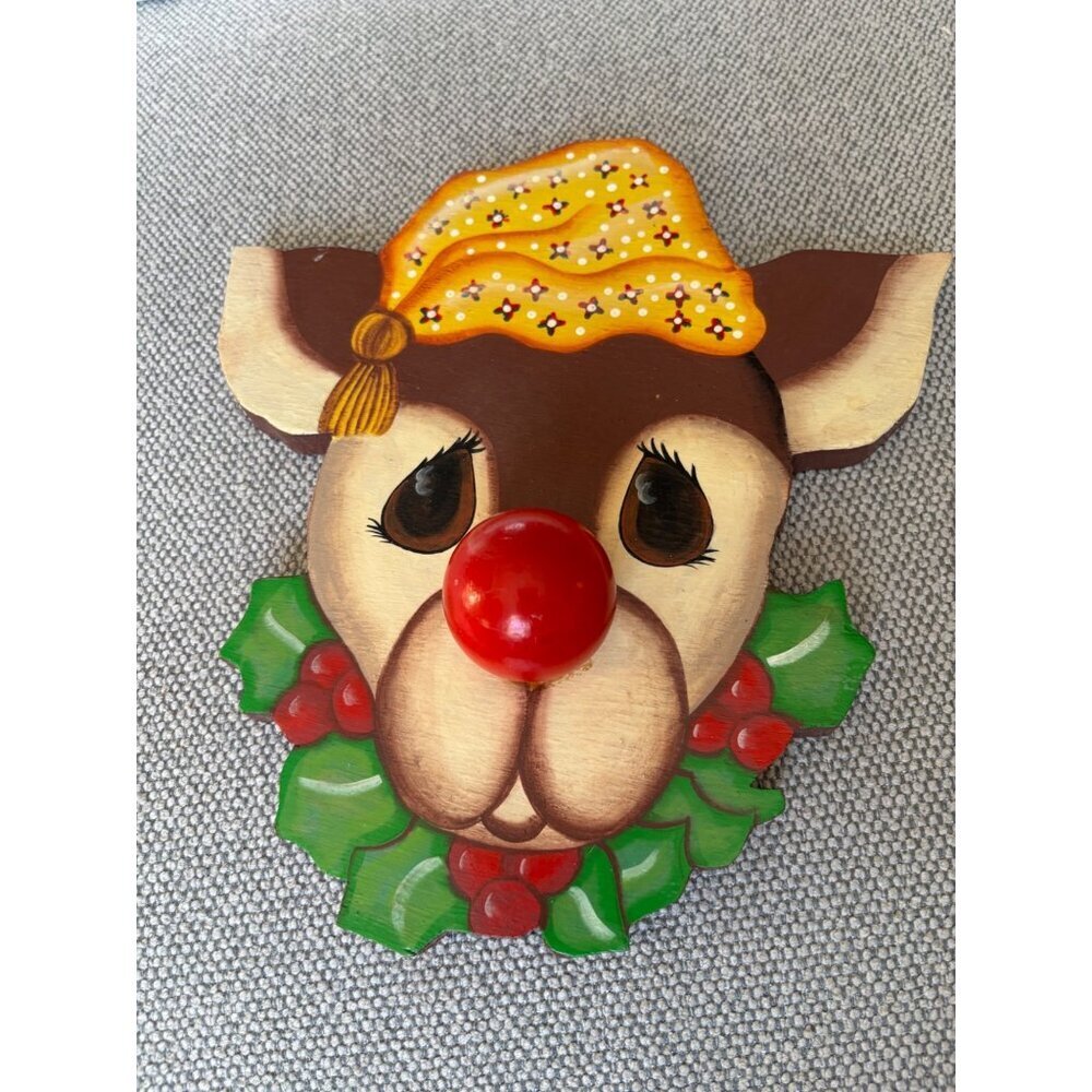 Vtg‎ Hand Painted Wooden Reindeer Wall Hanging Rudolph Christmas Decor
